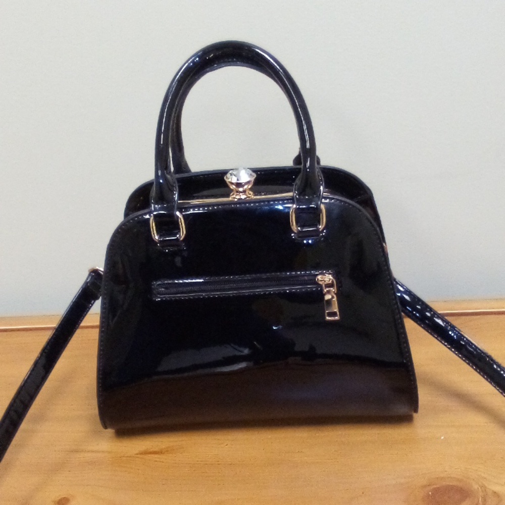 Black Patent Leather Rhinestone/gold Clasp Handbag w/ optional Shoulder Strap